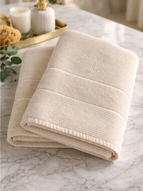 Baveno Home Set of 2 Turkish Bath Towels Cream 100% Turkish Cotton EUC